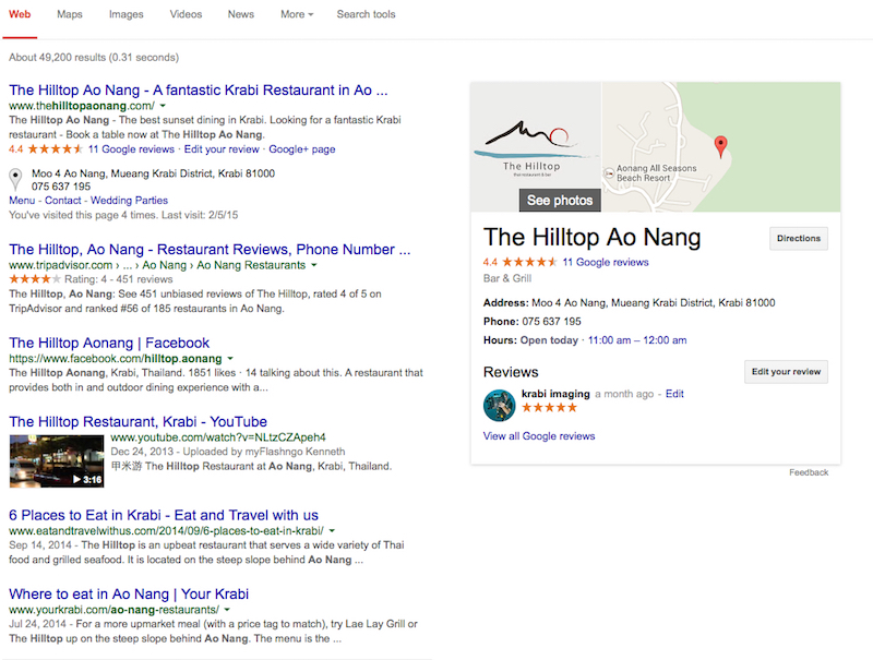 Hilltop Restaurant Ao Nang Phuket Web Design and Development